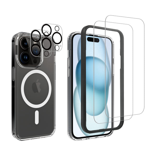 OFEEL - Bundle for iPhone 15 series with Clear Magnetic Case (Compatible with Magsafe), 2 Screen Protectors, 2 Camera Lens Protectors, Frame Applicator, 2 Cleaning Kits - Complete Protection Package