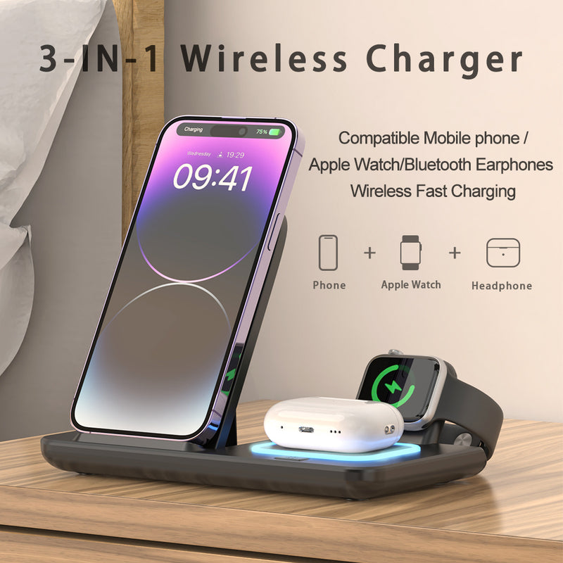 3 in 1 Wireless Charging Station, Fast Wireless Charger Stand Compatible with 15 14 13 12 11 Pro Max XR XS 8 Plus, iWatch 8 7 6 5 4 3 2 SE, AirPods Pro 3 2- Black