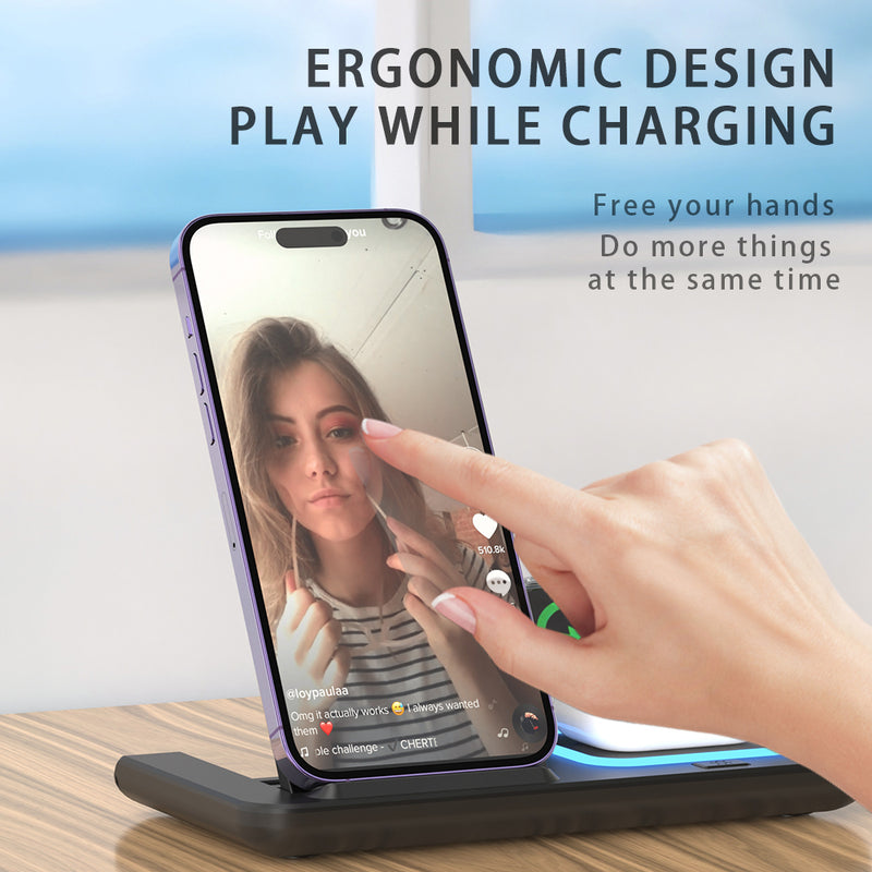 3 in 1 Wireless Charging Station, Fast Wireless Charger Stand Compatible with 15 14 13 12 11 Pro Max XR XS 8 Plus, iWatch 8 7 6 5 4 3 2 SE, AirPods Pro 3 2- Black