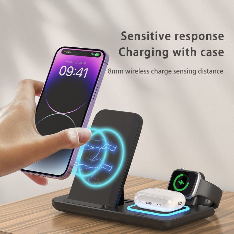 3 in 1 Wireless Charging Station, Fast Wireless Charger Stand Compatible with 15 14 13 12 11 Pro Max XR XS 8 Plus, iWatch 8 7 6 5 4 3 2 SE, AirPods Pro 3 2- Black