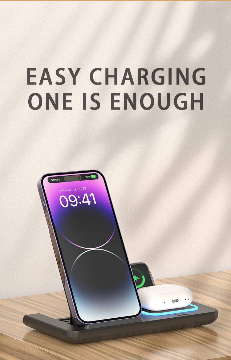 3 in 1 Wireless Charging Station, Fast Wireless Charger Stand Compatible with 15 14 13 12 11 Pro Max XR XS 8 Plus, iWatch 8 7 6 5 4 3 2 SE, AirPods Pro 3 2- Black